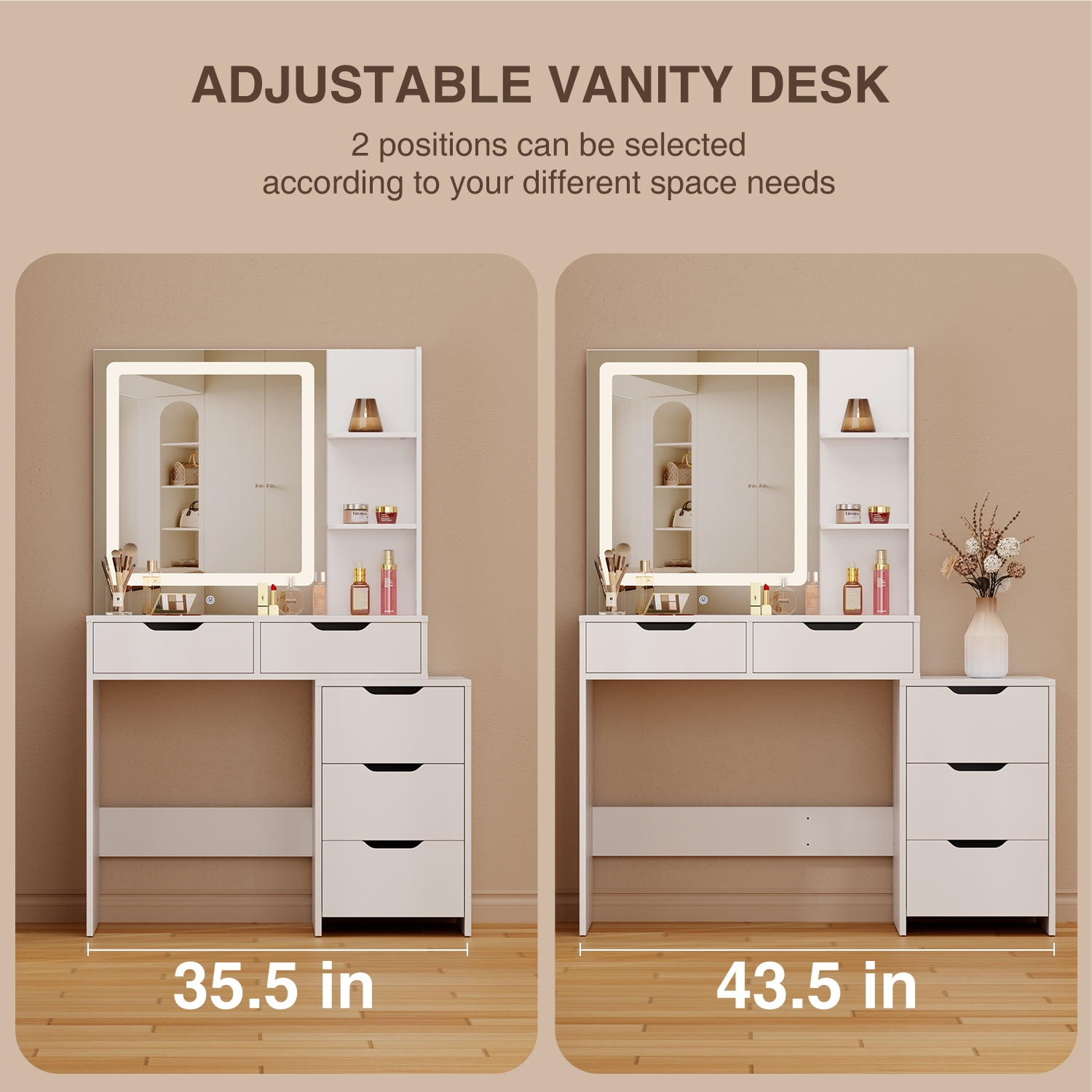 Aiho 43.5” Makeup Vanity Desk with Lighted Mirror, 5 Drawers & Adjustable Lights, White Dressing Table for Bedroom