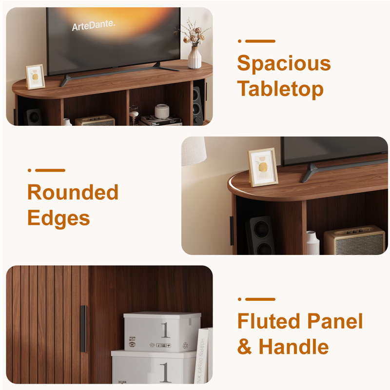 Mid-Century Modern TV Stand, Media Console with 4 Storage Compartments & Sliding Doors,Entertainment Center for TVs up to 65 Inch,Wood Adjustable Shelves for Living Room,Bedroom