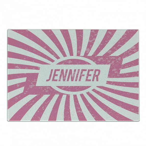 Jennifer Cutting Board, Most Popular Names for American Girls in Retro Design, Decorative Tempered Glass Cutting and Serving Board, Small Size, Pale Pink and White, by Ambesonne