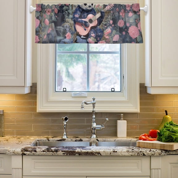 Panda Bear Flowers Floral Guita Curtain Valances Farmhouse Design Window Treatment Decor Blackout Rod Pocket for Windows Living Room Kitchen 54" x 18"