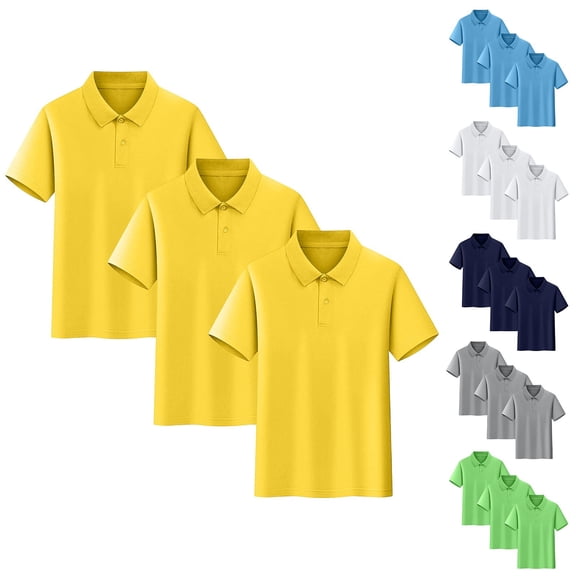 Lumosvexa Kids Boys Cotton Polo Shirt, Classic Fit Short Sleeve Henley Neck Summer Casual School Uniform 3 Pack Yellow 14-16