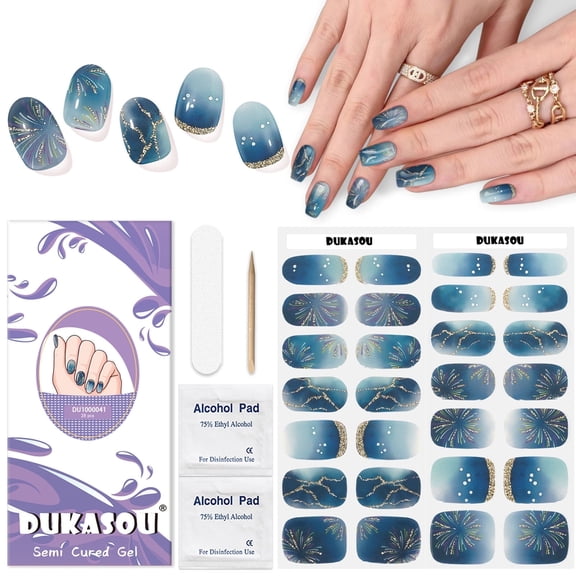 DUKASOU Semi Cured Gel Nail Srips, 28Pcs Blue Fireworks Finger Nail Stickers for Adults, Salon Manicure Full Nail Wraps UV Nail Polish Strips
