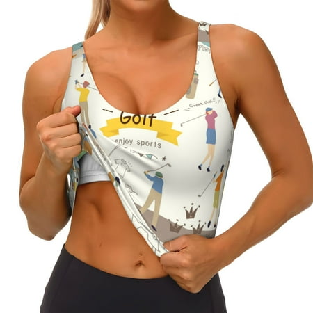 Qokaie Golf Icons And Golfer Pattern Womens Scoop Neck Sports Bra Breathable Workout Vest Padded U Back Medium Impact Fitness Gym Yoga Bra Workout Crop Top