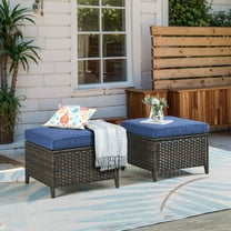 Unnifurnzi Outdoor Ottoman Set of 2-All Weather Wicker Outdoor Footstool with Removable Cushions Outdoor Olefin Fabric Patio Ottoman for Deck Porch Balcony Garden-Brown/Blue