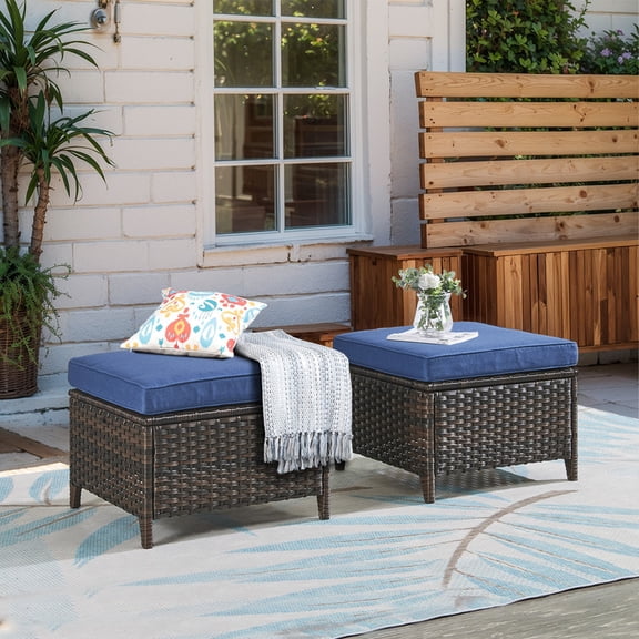 Unnifurnzi Outdoor Ottoman Set of 2-All Weather Wicker Outdoor Footstool with Removable Cushions Outdoor Olefin Fabric Patio Ottoman for Deck Porch Balcony Garden-Brown/Blue