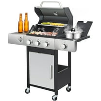 37230BTU Propane Barbecue Grill, 3-Burner Gas Grill with Side Burner 37230BTU Output, Portable Outdoor Grill with Lockable Wheels, 2 Cooking Areas, Bottle Opener, Thermometer