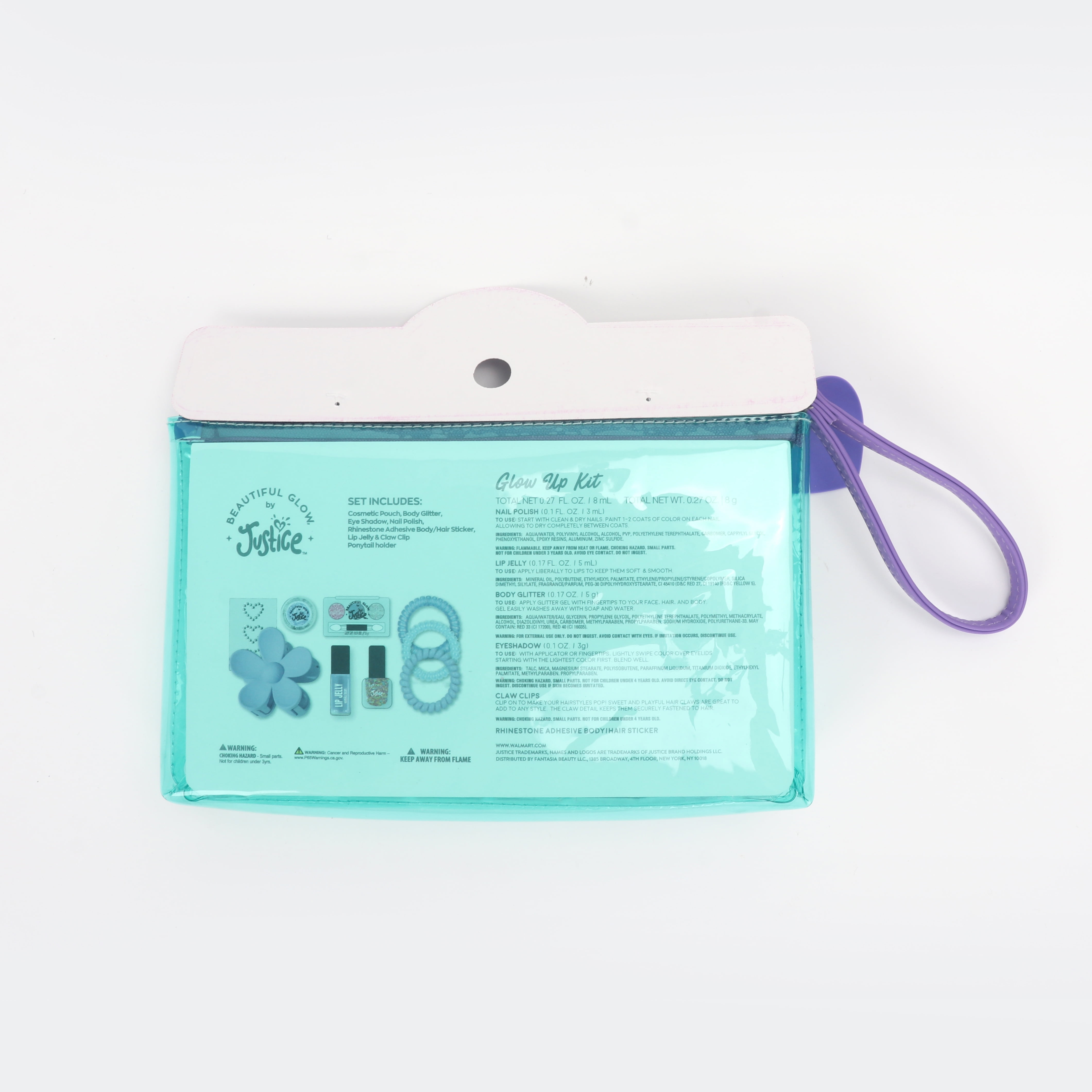 Justice Girl's Glow Up Kit and Wristlet Pouch Set, 10-Piece Set, Teal/Purple