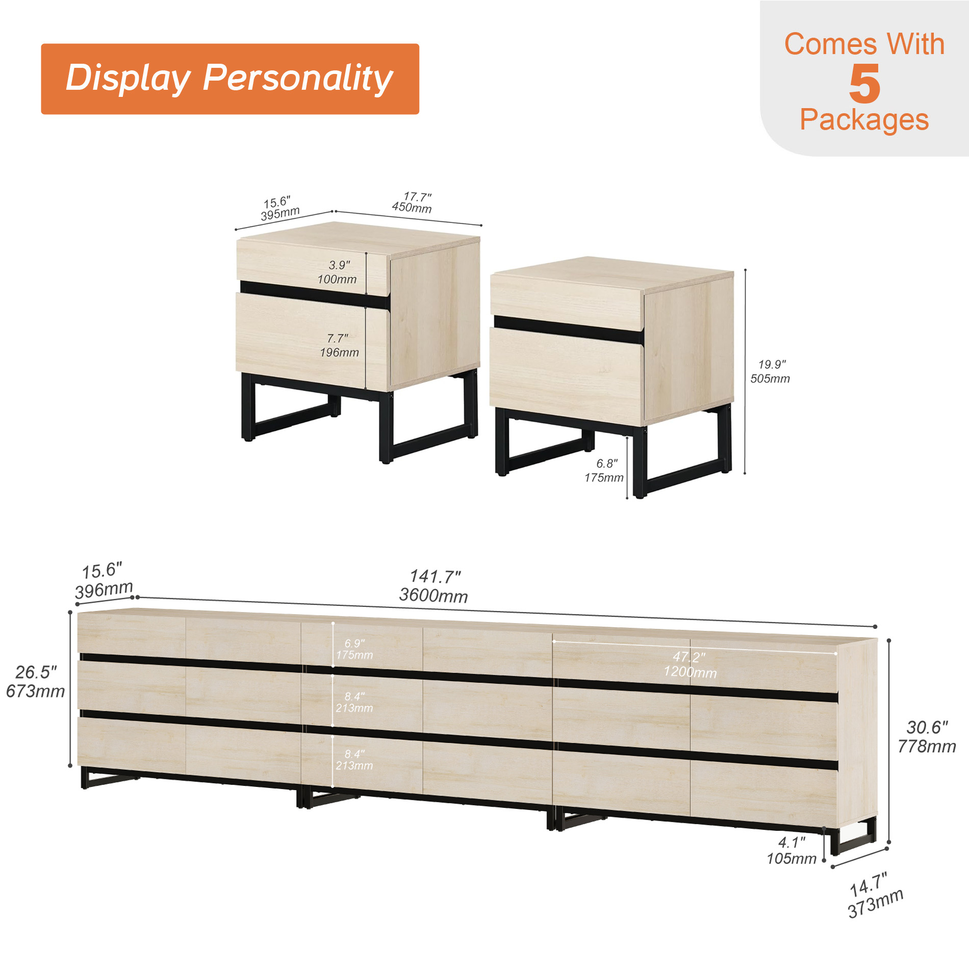 WAMPAT 5-Piece Bedroom Set, Modern 142" 18-Drawer Dresser & 2 Nightstands (2 Drawers Each)