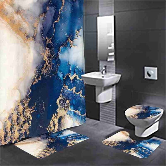 Navy Blue and Gold Abstract Marble 4-piece Shower Curtain Set with Bath Mats and Toilet Lid Cover for Bathroom Decor