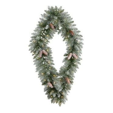 Nearly Natural 3ft. Holiday Christmas Geometric Diamond Frosted Wreath with Pinecones and 50 Warm White LED Lights