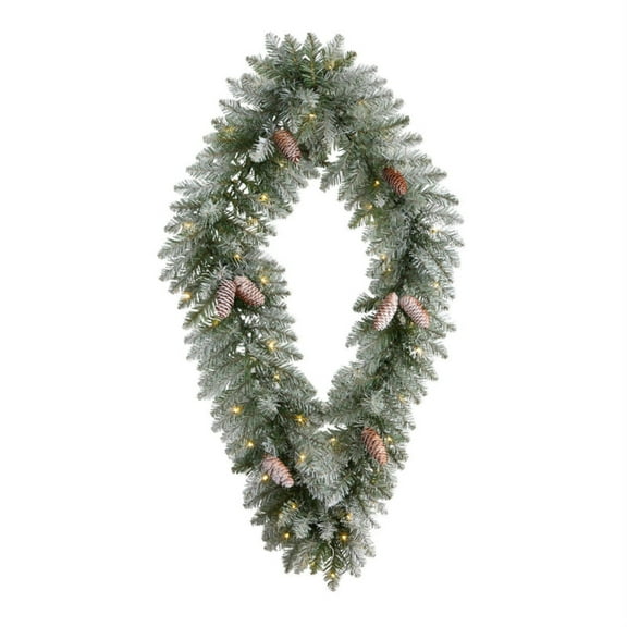 Nearly Natural 3ft. Holiday Christmas Geometric Diamond Frosted Wreath with Pinecones and 50 Warm White LED Lights