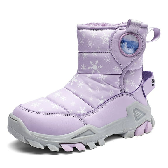 VNKIDY Girls Children Flat Thick Sole Plush Lined Warm Snow Boots Snowflake Pattern Traction Sole Shoes For Winter Outdoor Activities Trendy Footwear