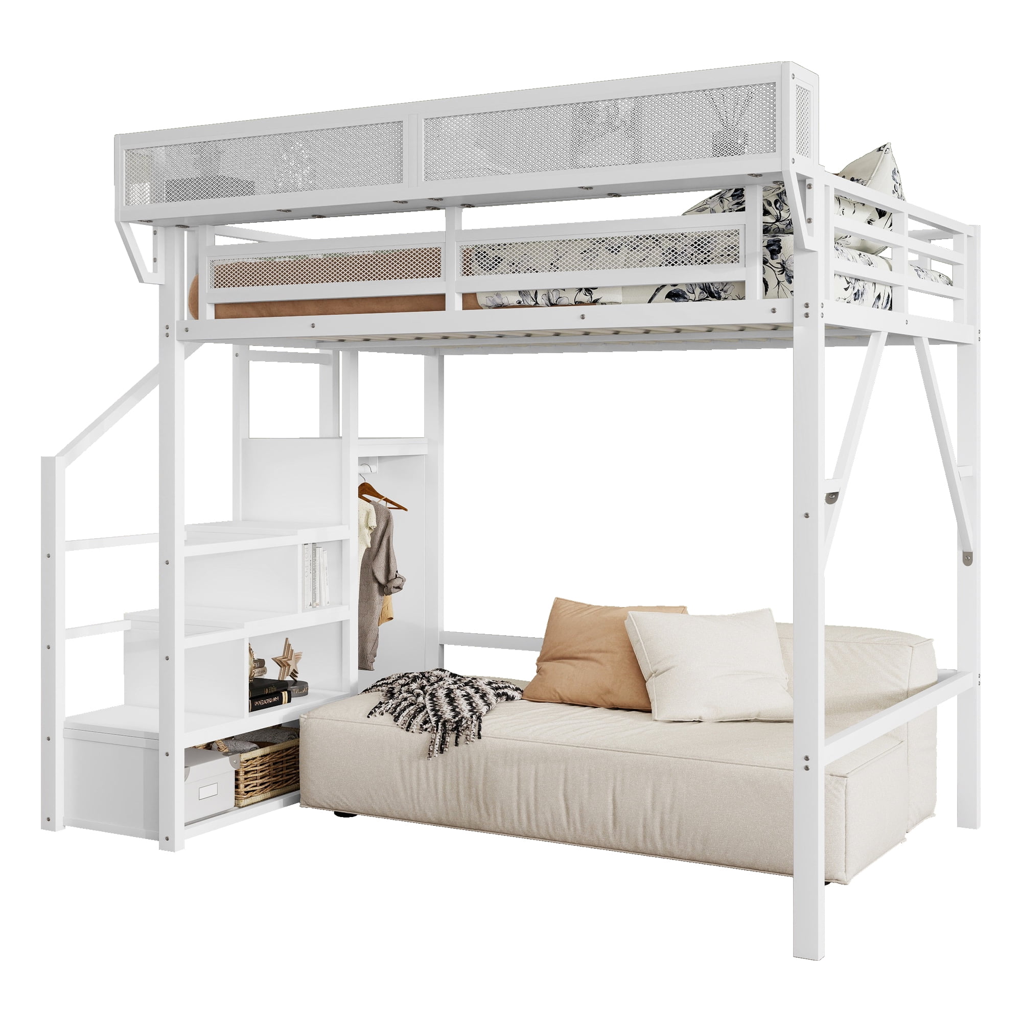 Mirightone Full Size Loft Bed with Stairs, Heavy-Duty Metal Loft Beds, High Loft Bed Frame with Storage Shelves, Junior loft Bed with Wardrobe for Boys Girls and Teens.( White)