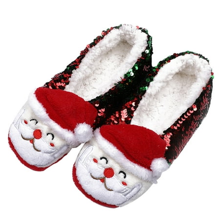 

1 Pair Christmas Plush Slippers Non-Slip House Slippers Sequin Warm Shoes