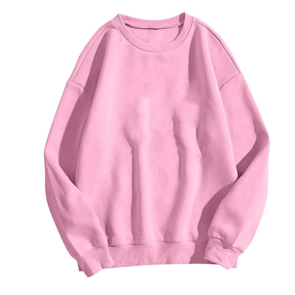 Hueook Womens Sweatshirts No Hood Crew Neck Long Sleeve Solid Color Casual Pullover Top Basic Sweatshirt Pink 2X