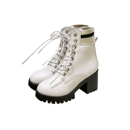 

Gomelly Ladies Fashion Platform Shoes Lace Up Combat Boot Work Lug Sole Block White Plush Lining 7