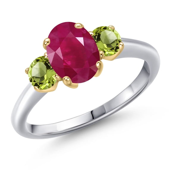 Gem Stone King 925 Silver and 10K Yellow Gold Red Ruby and Green Peridot Engagement Ring for Women | 2.20 Cttw | Oval 8X6MM | Gemstone July Birthstone | Size 7