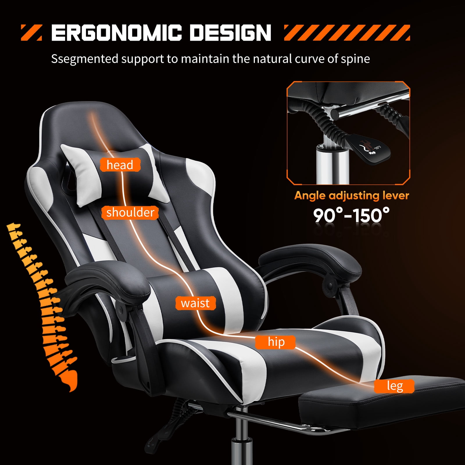 Gaming Chair, Ergonomic Computer Chair with Footrest, Lumbar Support, Headrest, Comfy Seating with thicken cushion, Black