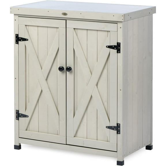 Outdoor Storage Cabinets Weatherproof for Patio, Garden Work Bench with Shelves & Metal Tabletop, Wooden Potting Table Workstation