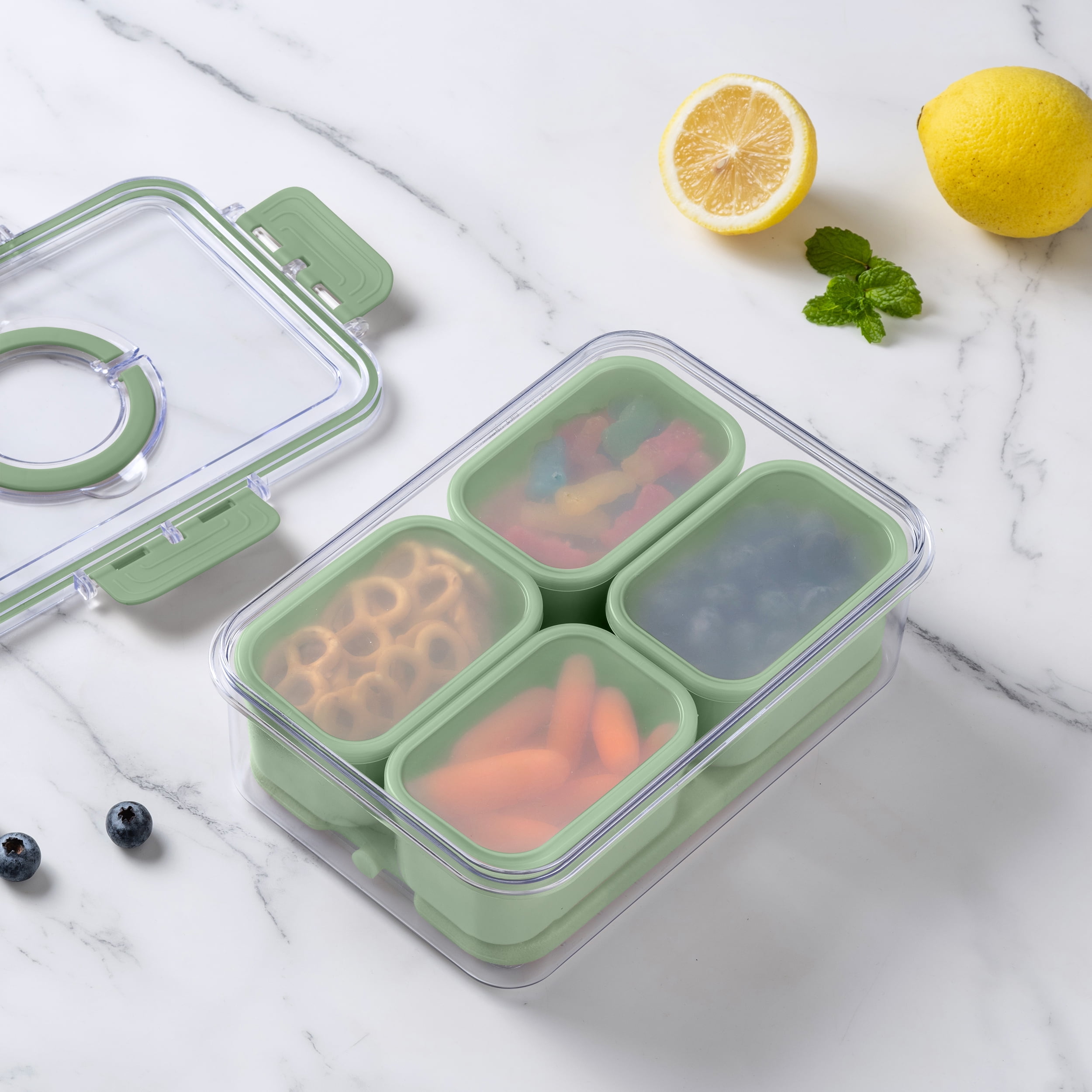 Cook with Color 4-Compartment Portable Snack Box Food Storage Container with Removable Ice Pack, Sage