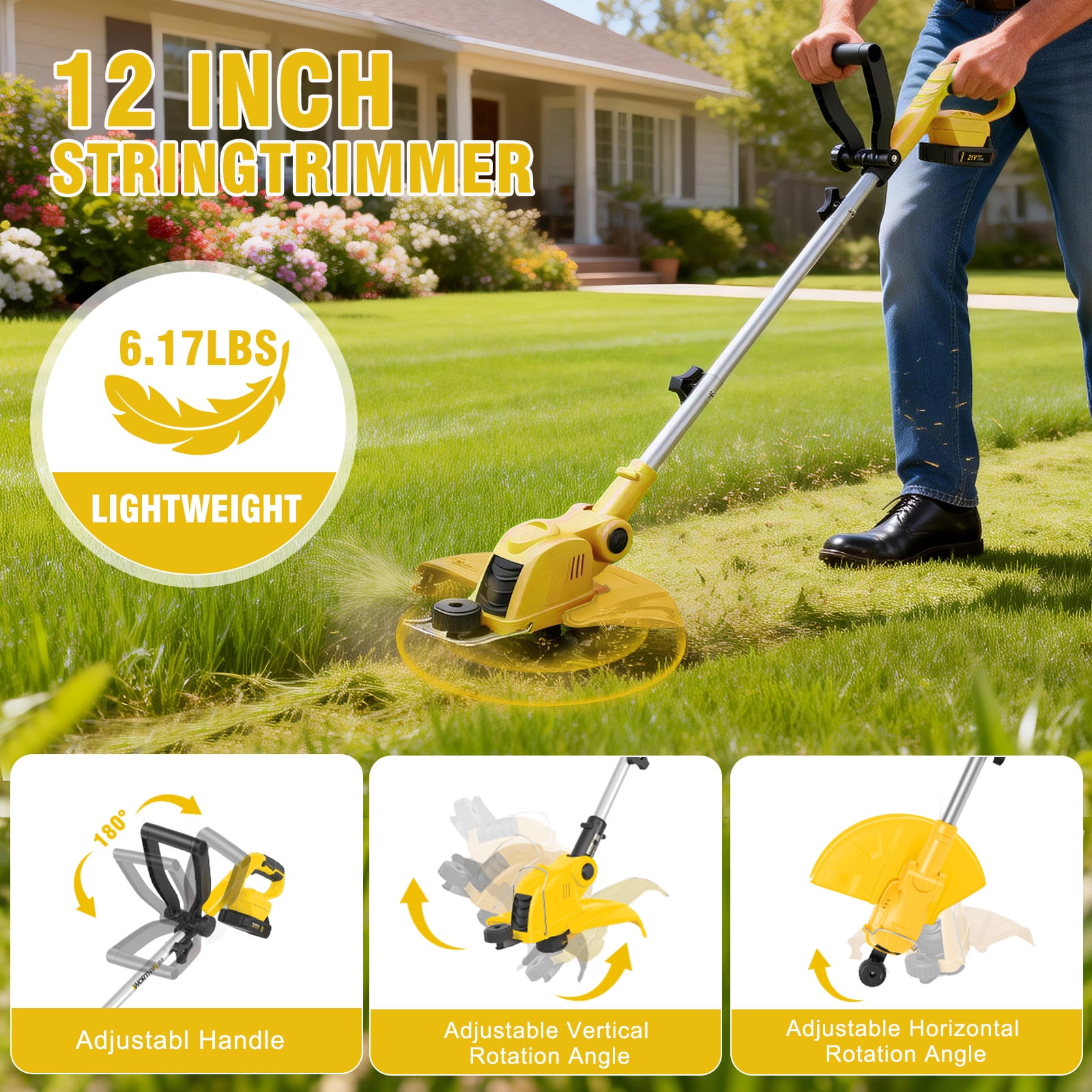 CATGOOD Cordless Weed Wacker, 12 Inch Electric String Trimmer with 10 lines and 2 Batteries, 3-in-1 Lawn Edger with Pivoting Head, Yellow