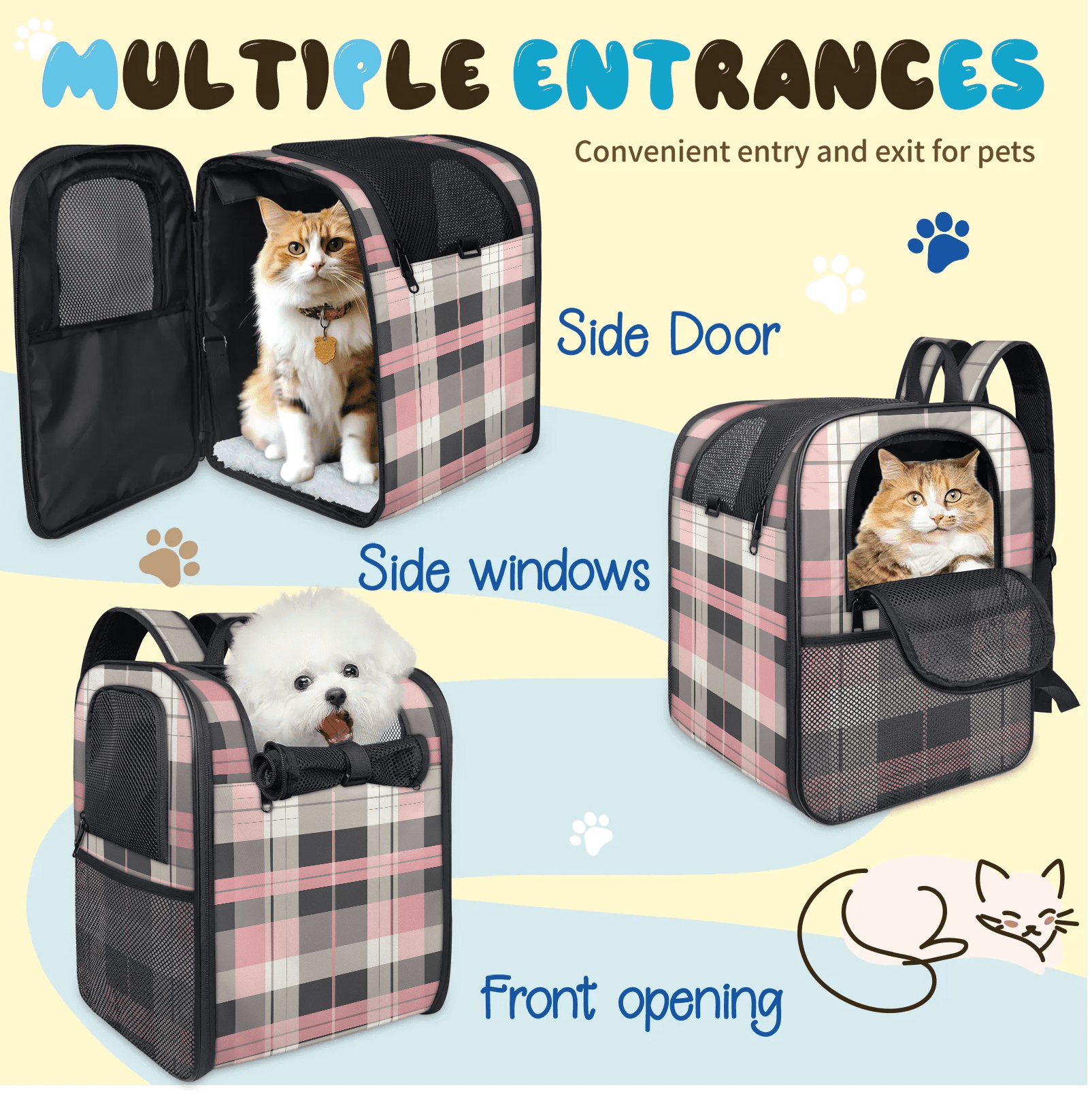 Breathable Cat Backpack Carrier for Small Cat & Dog up to 13 lb,Soft Sided Dog Backpack Carrier for Hiking, Walking, Travel,Pink Plaid Design