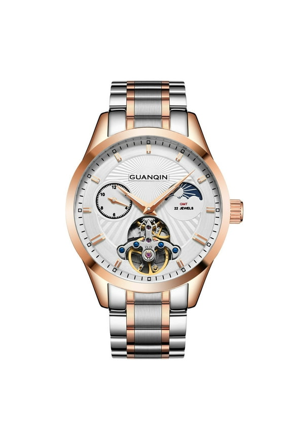 Men Moon Phase Skeleton GMT Luminous Analog Automatic Self Winding Mechanical Vintage Wrist Watch with Stainless Steel or Leather Bracelet Sapphire Mirror Business Clock Man