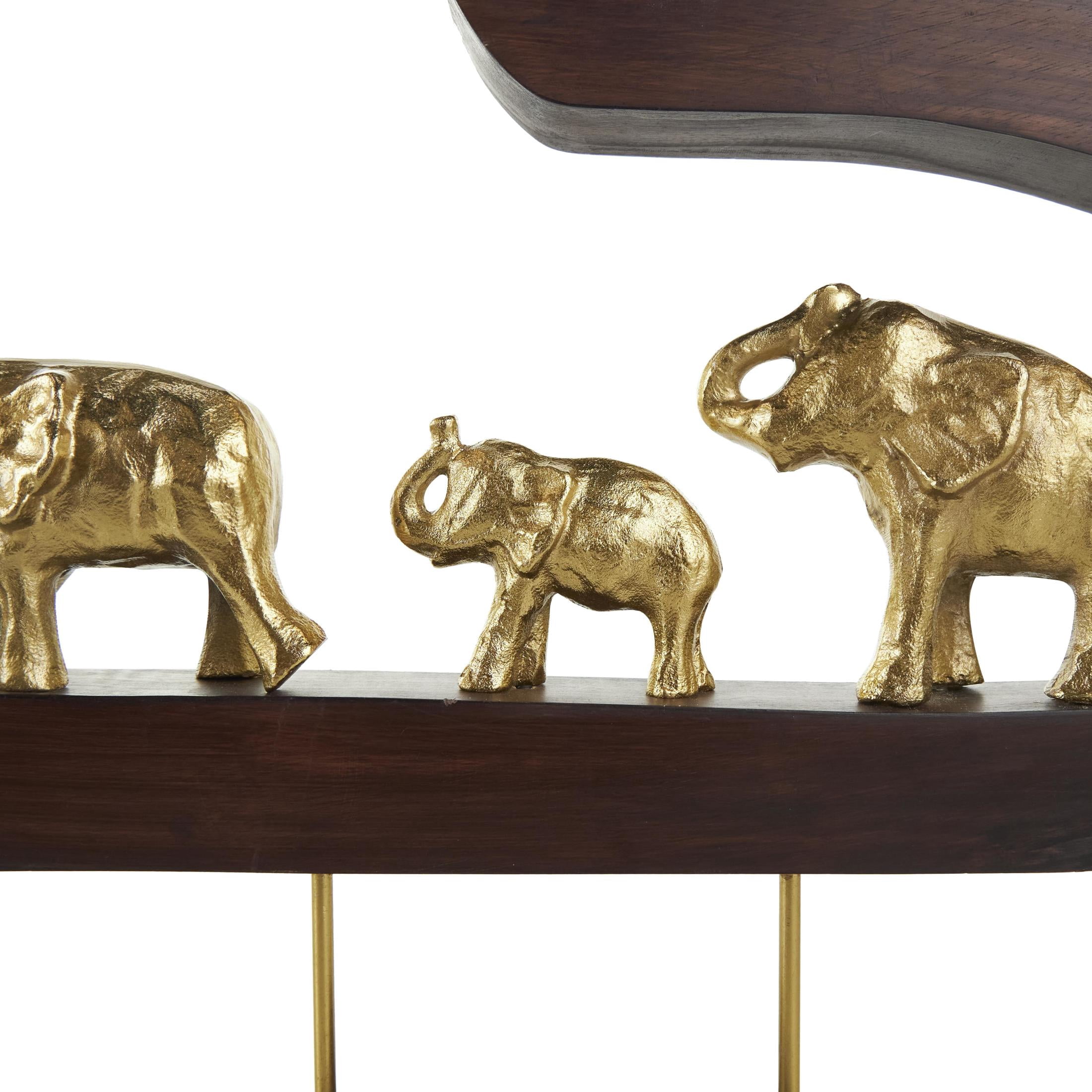 27" x 14" Gold Aluminum Metal Elephant Sculpture with Brown Wooden Frame, by DecMode