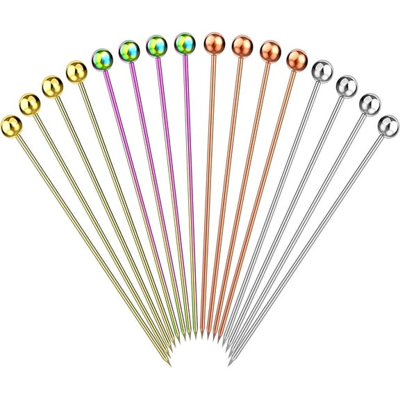 16 PCS Reusable Cocktail Picks, 4.3 Inches Long Martini Garnish Skewers, 4 Colors Stainless Steel Cocktail Toothpicks, Cocktail Sticks for Olives Appetizers Fruit