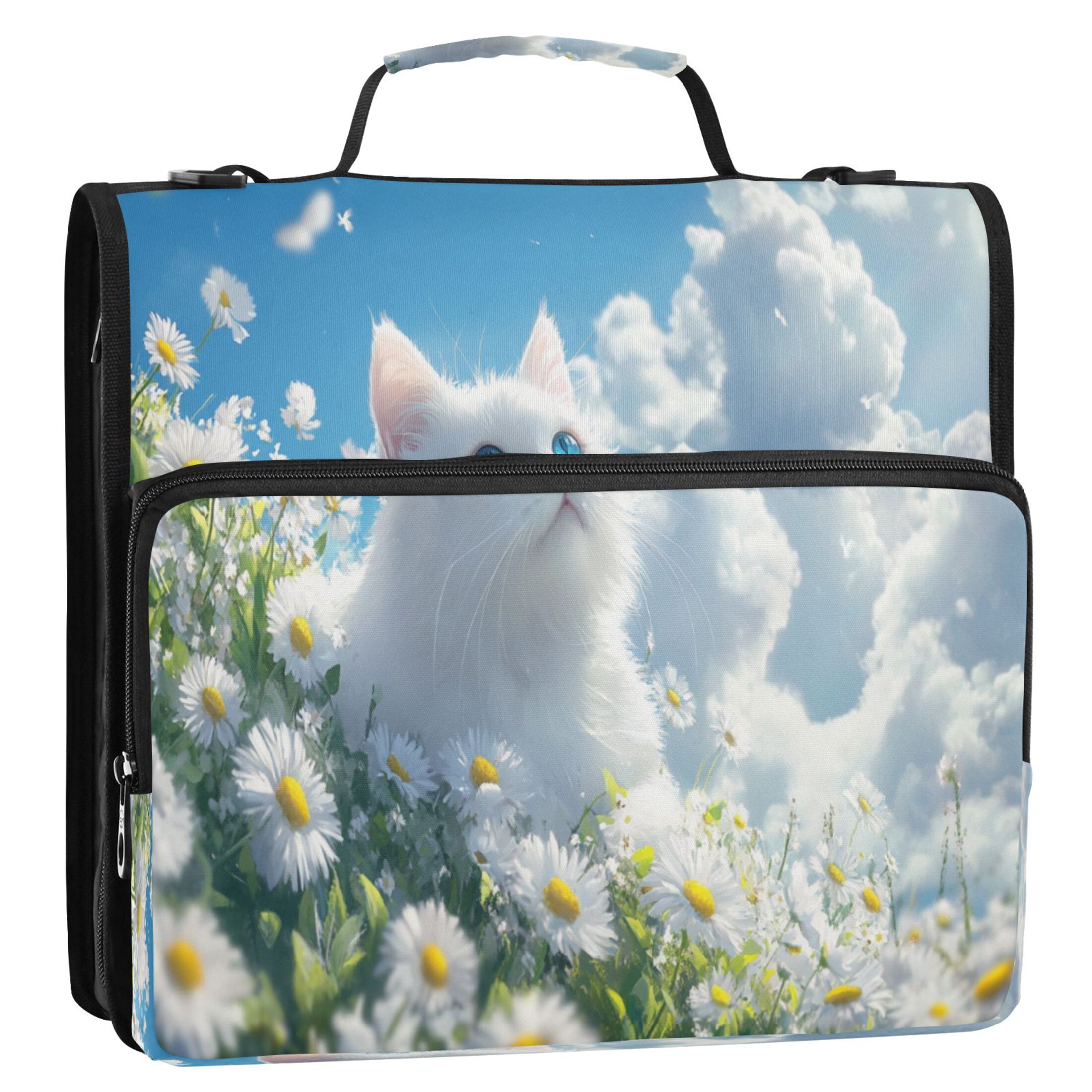 YAZAOO Zipper Binder trapper keeper Documents Organized Design White Cat in Daisy Field Printed