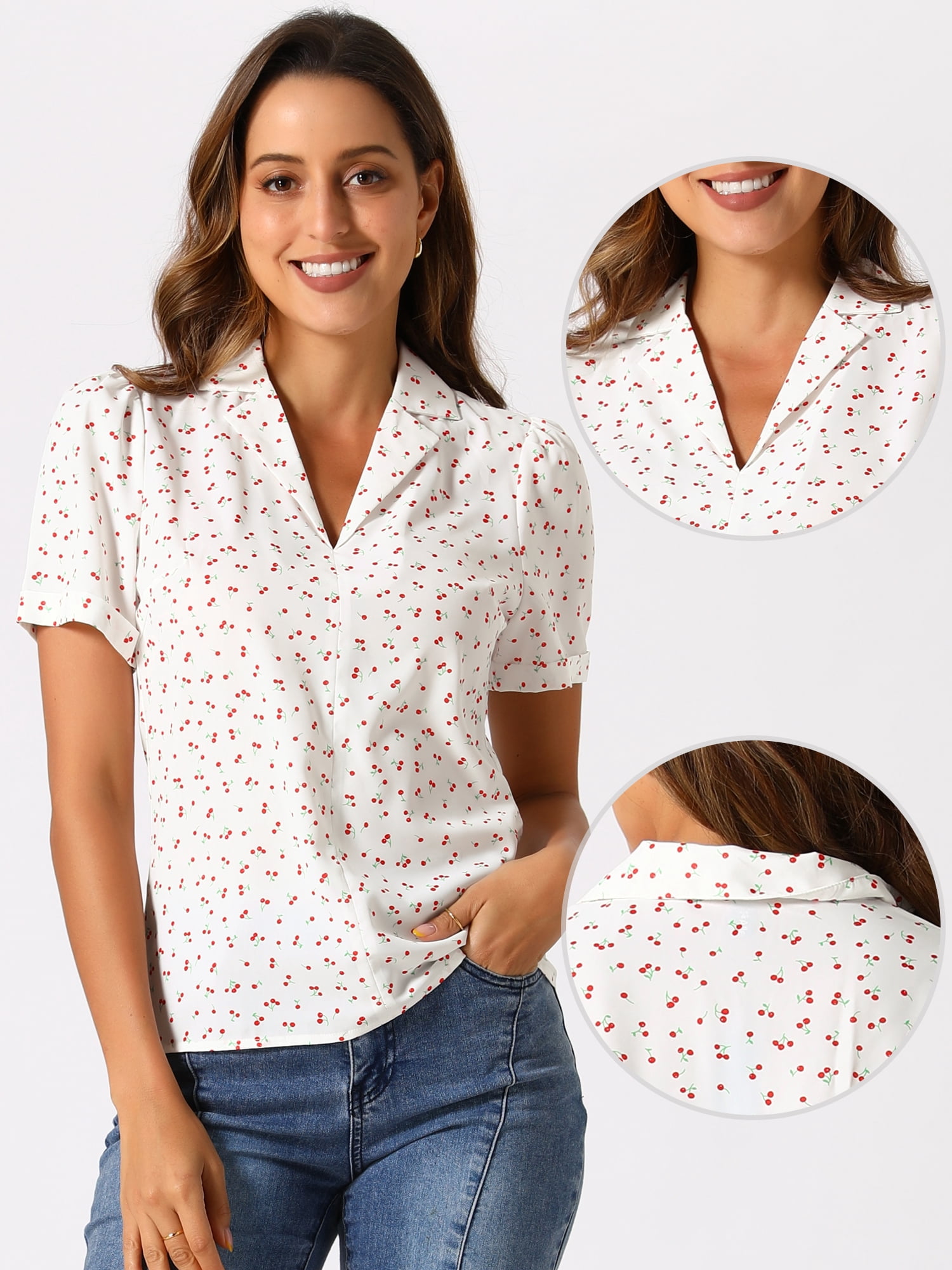 DARING DIVA Women's Short Sleeve V Neck Notch Lapel Collar Shirt XL White