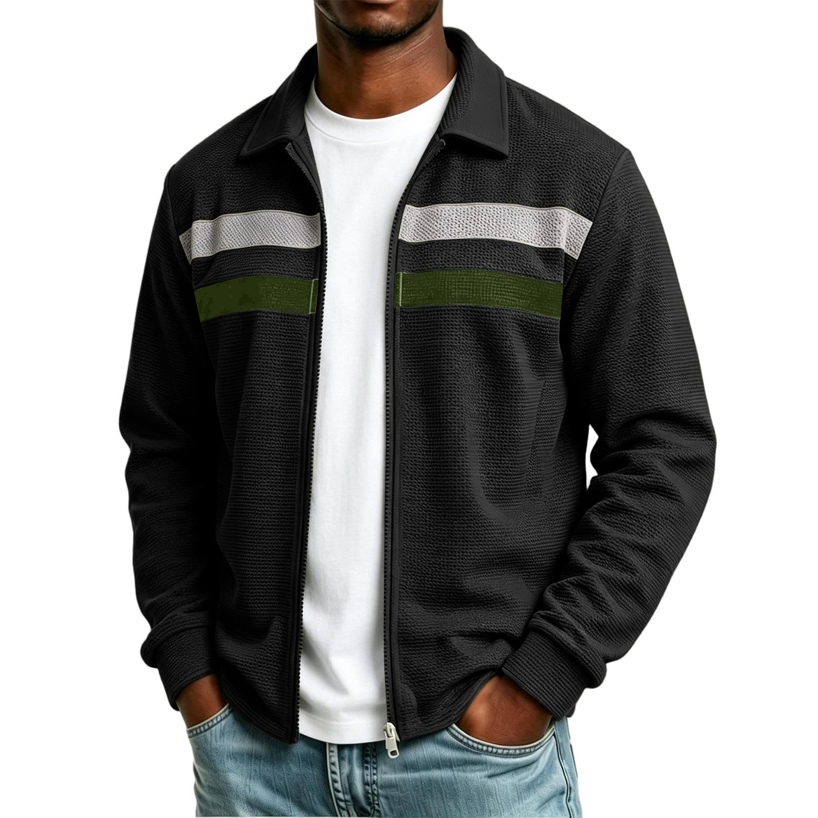 FENGYOU Mens Collared Zip Up Track Jacket Long Sleeve Waffle Knit Casual Outerwear with Stripe Panel Detail and Ribbed Cuffs Black M