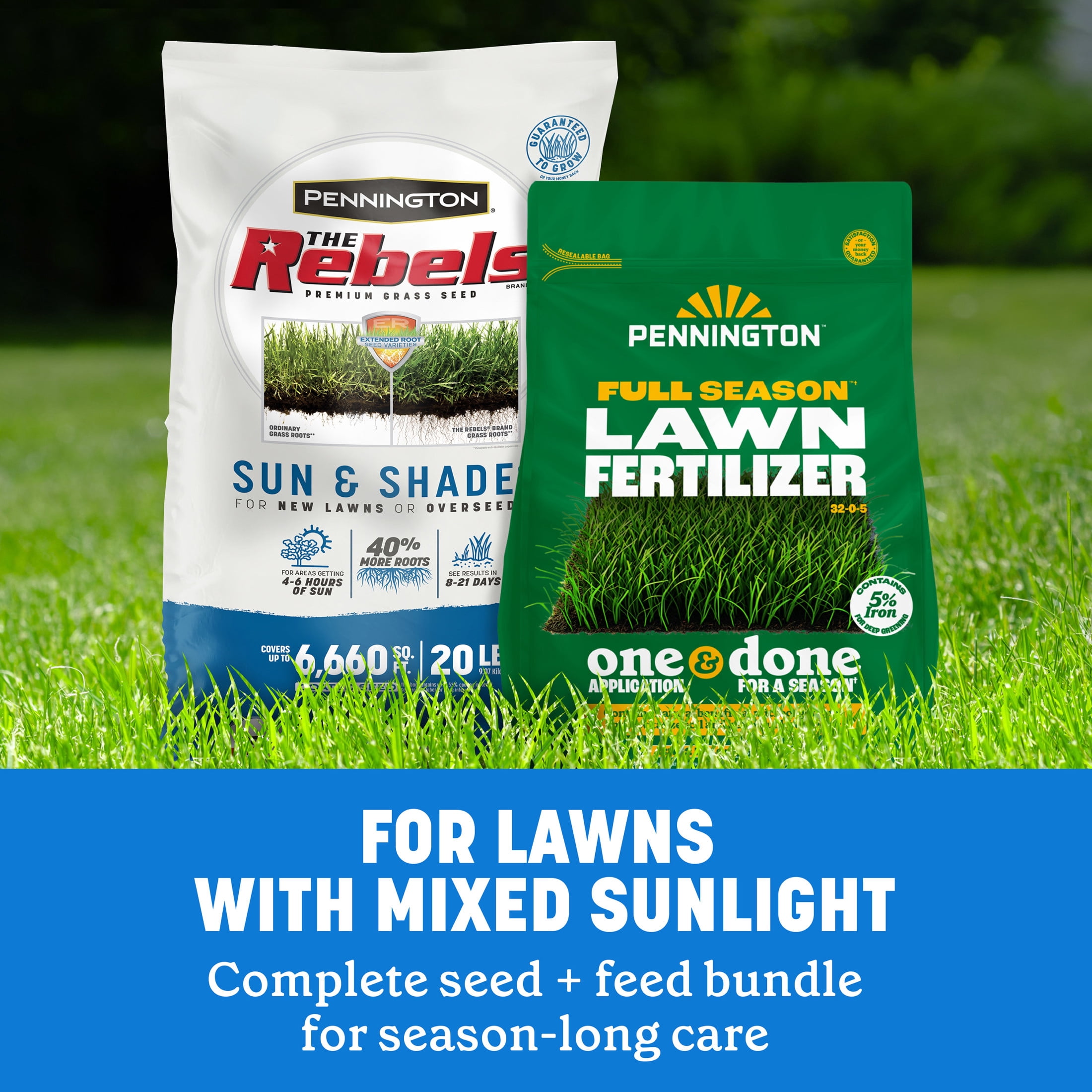 Pennington 20lb Rebels Sun & Shade & 11.2lb Full Season Lawn Fertilizer Bundle 20 Pounds