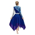 thumbnail image 4 of Sholeno Women Metallic Praise Dance Outfit Set Printed Long Sleeve Irregular Hem Worship Dress and Wide-Leg Pants Blue L, 4 of 7