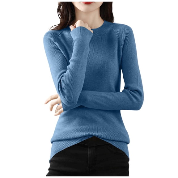 Womens Knitted Basic Tops, Long Sleeve Shirts for Women Fall Winter Casual Solid Color Slimming Fit Crewneck Sweaters