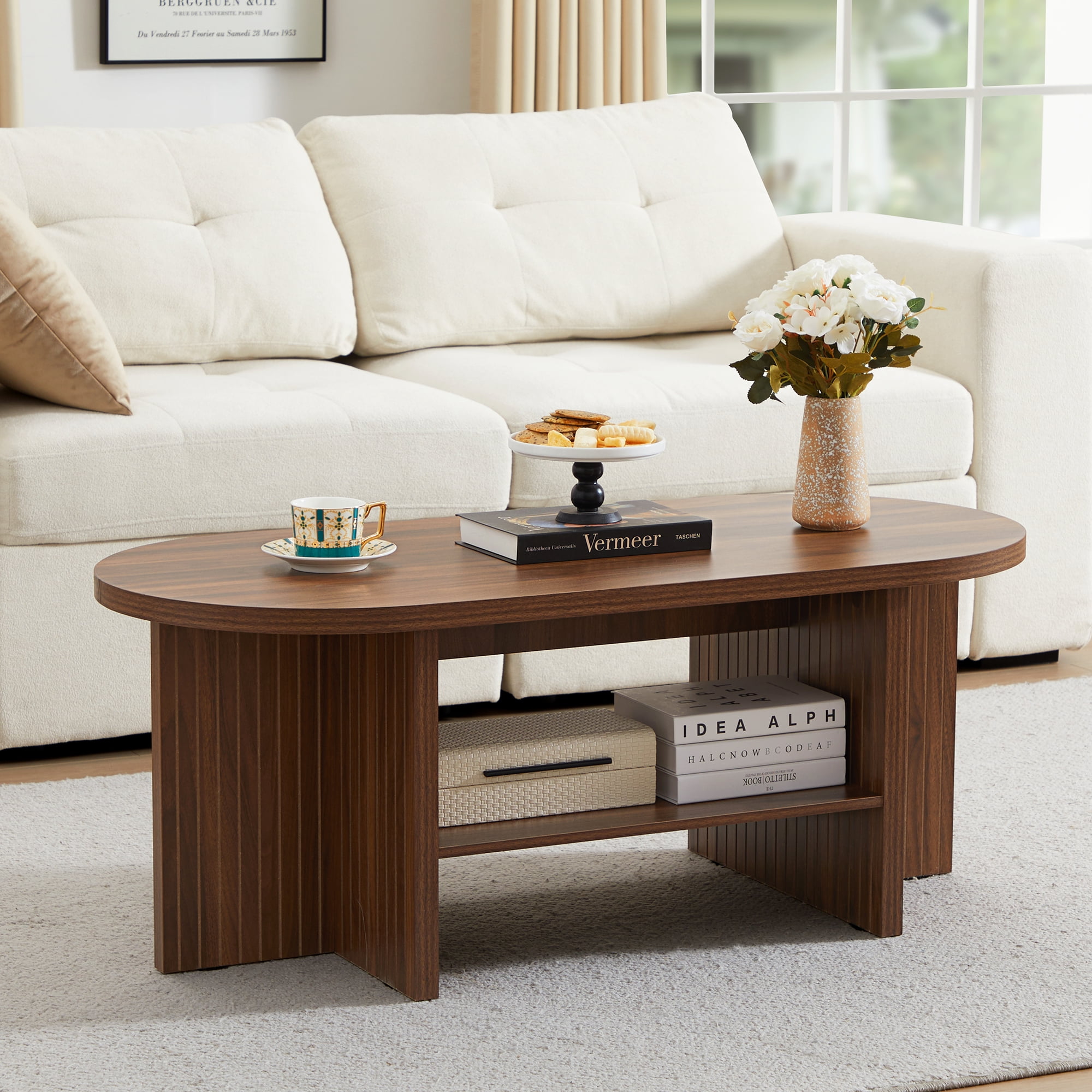 Wirrytor 43.3” Oval Coffee Table, Farmhouse Coffee Tables for Living Room Small, Fluted Coffee Table with Open Storage Shelf, Wood Center Table for 2-Tier Coffee Table, Walnut