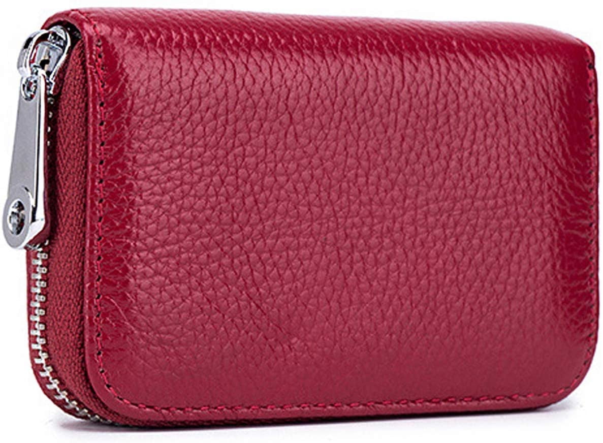 Credit Card Holder RFID Leather Mini Card Wallet Purse with Zipper for Women Men (Red wine)