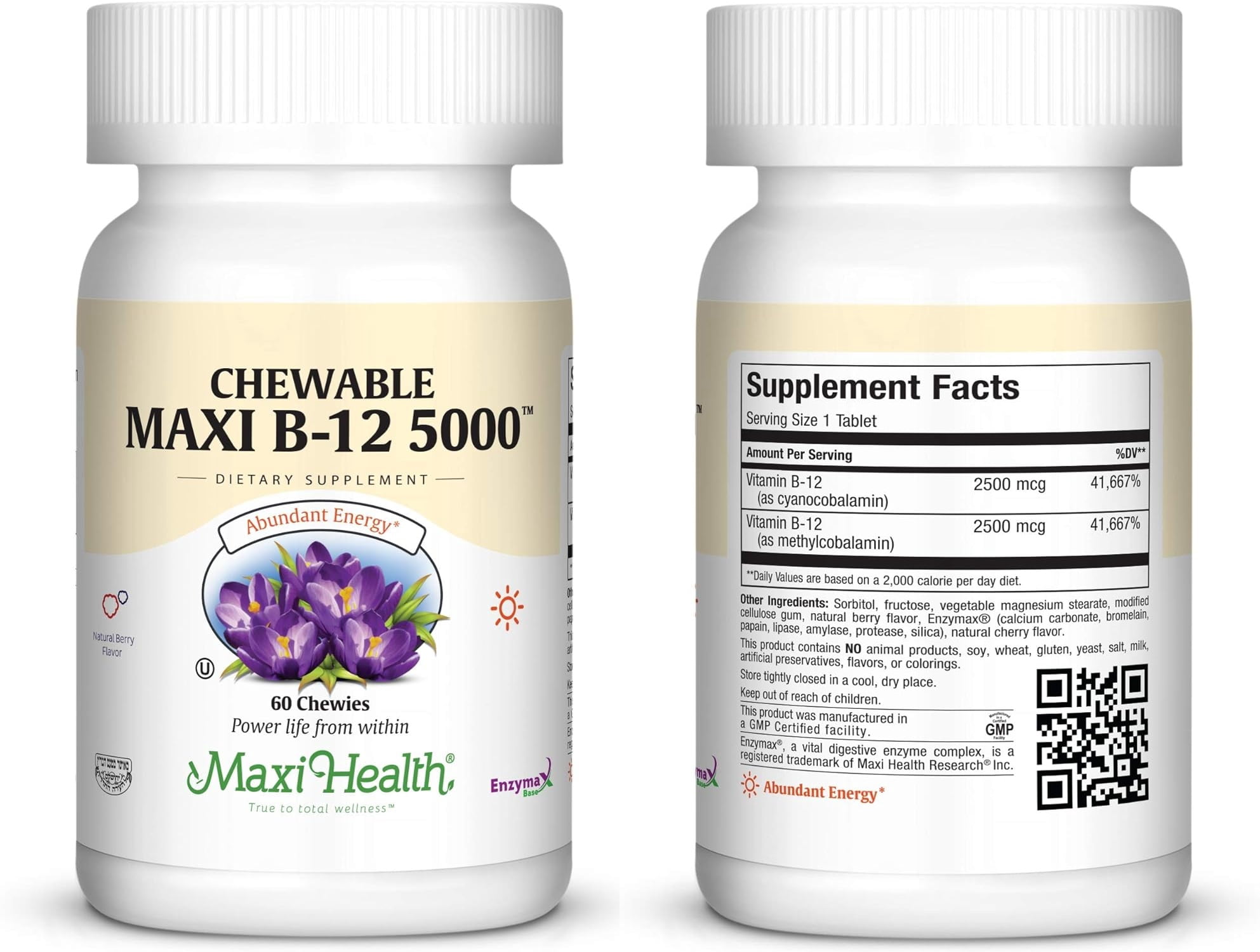 Maxi Health Vitamin B-12 Supplement – 5000 mcg Chewable Tablets – Berry Flavor – Energy – 60 Count – Kosher