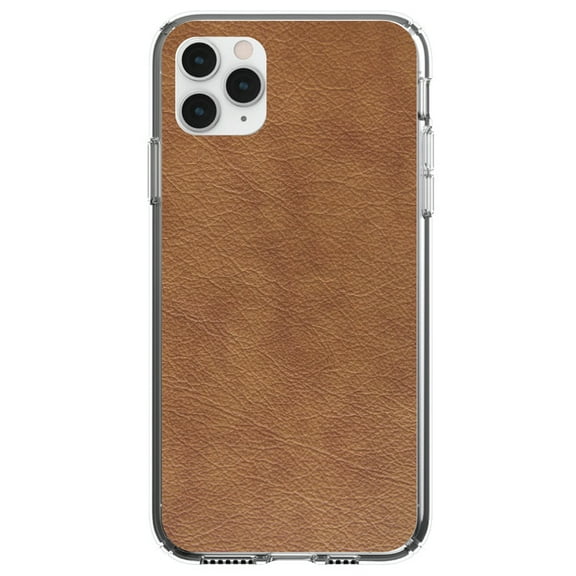 DistinctInk Clear Shockproof Hybrid Case for iPhone 12 MINI (5.4" Screen) - TPU Bumper, Acrylic Back, Tempered Glass Screen Protector - Dark Brown Faux Leather Print Design - Faux Leather Image