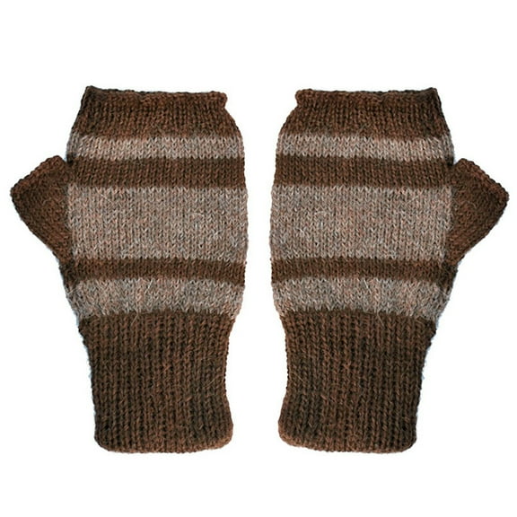 Fashionable 100% Alpaca Fingerless Gloves - Brown / Lt Brown (M)