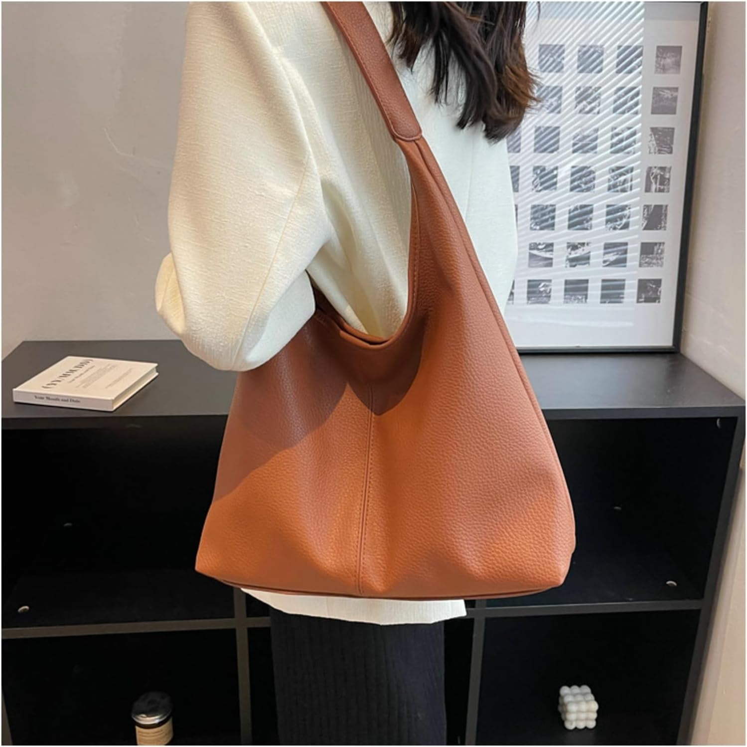HLSOHJP Slouchy Hobo Bags for Women Tote Bag Retro PU Leather Crossbody Purse Soft Shoulder Purses 2pcs Work College Handbags