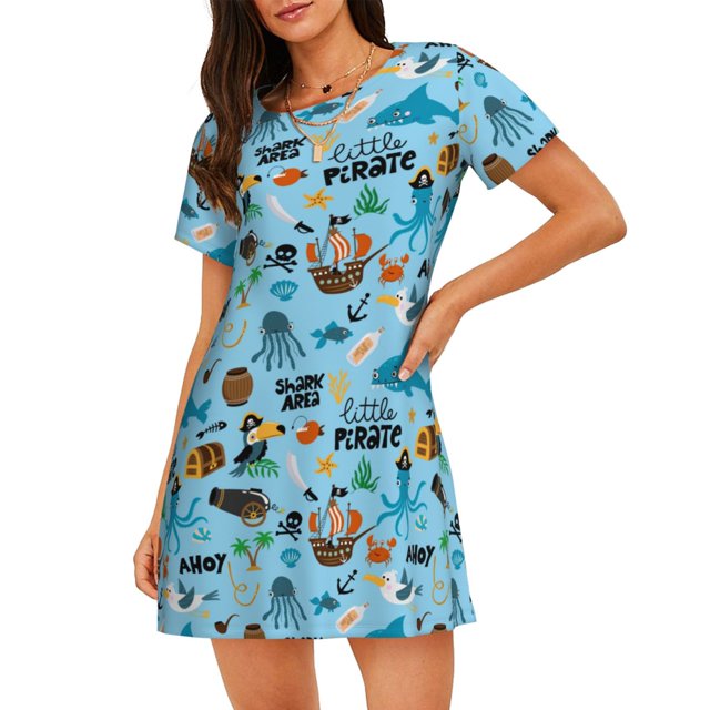 Disketp Animal Pirate para Camisón Corto de Manga Corta para Mujeres, Camisón Cómodo con Escote Redondo, Bonito y Confortable