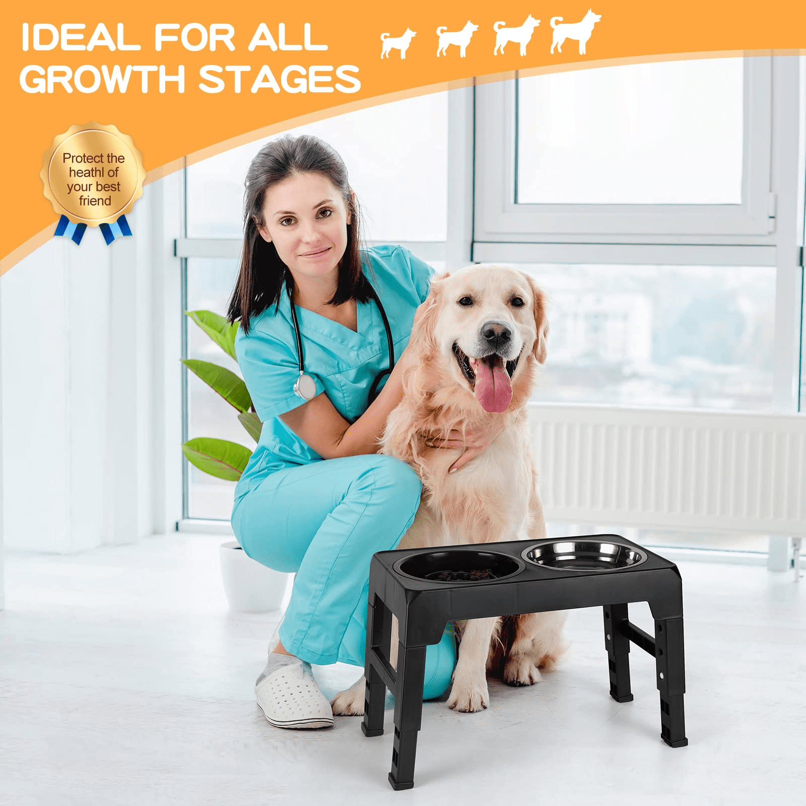 Elevated Dog Bowls with Slow Feeder, 4 Adjustable Heights Raised Pet Bowl Stand Feeder Bowl with 2 Stainless Steel Food & Water Bowls for Large Medium and Small Dogs