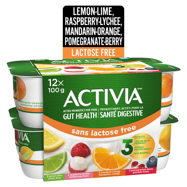 Activia Probiotic Yogurt, Lactose Free, Lemon-Lime/Pomegranate-Berry/Raspberry-Lychee/Mandarin-Orange, 12x100g