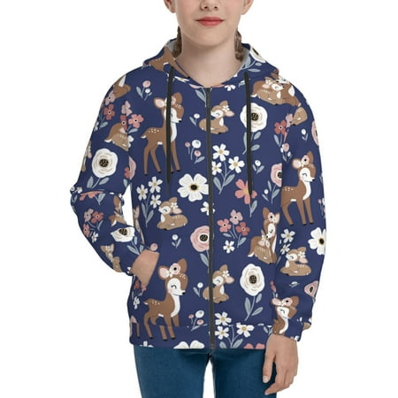 

Hoodies for Women Cartoon Cute Deer Daisy Flower Long Sleeve Sweatshirt Drawstring Zip Up Hoodie with Pockets Teen Girl Clothes