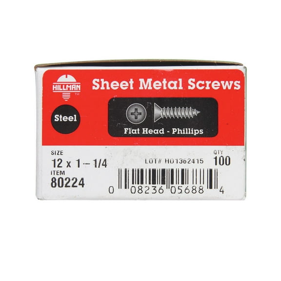 Hillman 80224 12 x 1.25 in. Flat Head Sheet Metal Screws  100 per Box