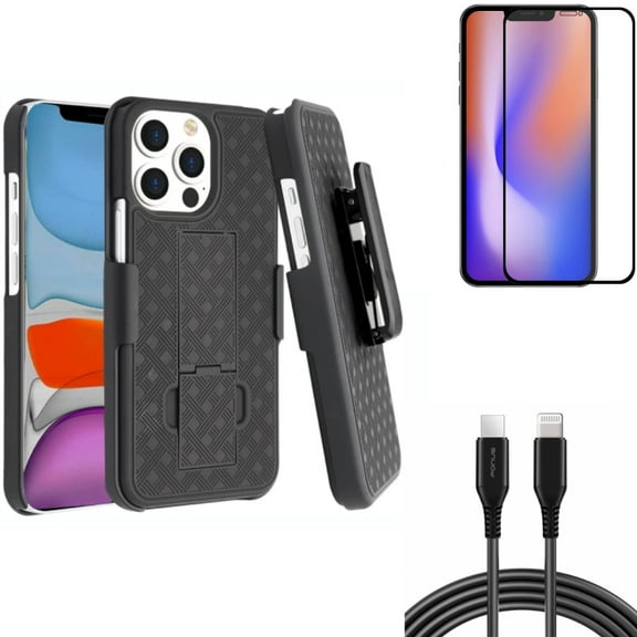 Screen Protector & Case Belt Clip & 10ft PD Cable for iPhone 13 Pro ONLY - Anti-Glare Tempered Glass Matte   Holster Swivel Cover   USB-C Fast Charger Long Combo