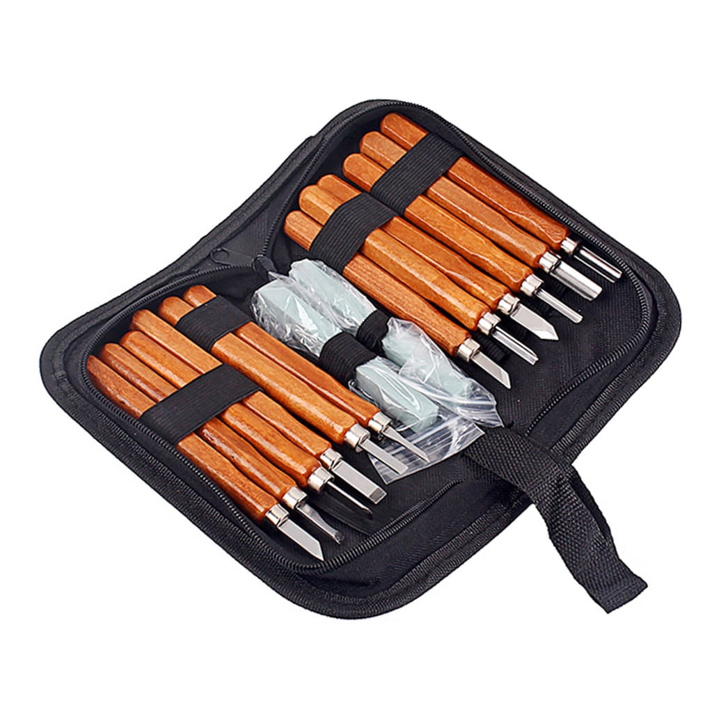 QIFULL Carving Chisel Tool Set with Brown Wooden Handle for Pine Hickory and Poplar Wood