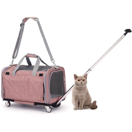 Critter Sitters Pet Carrier with Wheels and Handles | Adjustable Telescopic Pull Rod | Animal Travel and Transport | Ideal for Cats  Small/Medium Dogs  Rabbits | Pink