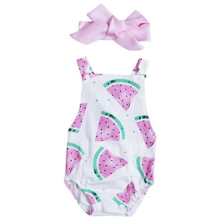

Fanvereka Newborn Baby Girls Ruffle Fruit Print Backless Romper with Headband
